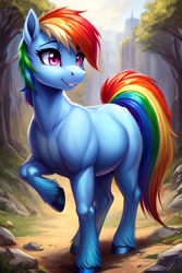 Size: 512x768 | Tagged: source needed, safe, ai content, derpibooru import, generator:stable diffusion, machine learning generated, rainbow dash, earth pony, pony, earth pony rainbow dash, female, forest, head turn, looking to side, looking to the right, mare, nature, outdoors, prompter needed, race swap, smiling, solo, tree