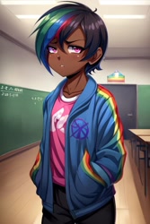 Size: 512x768 | Tagged: source needed, safe, ai content, derpibooru import, machine learning generated, rainbow dash, human, pony, equestria girls, g4, angst, black hair, classroom, dark skin, depressed, dyed hair, humanized, pink eyes, prompter needed, sad, school, solo