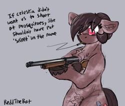 Size: 1571x1340 | Tagged: safe, artist:reddthebat, derpibooru import, oc, oc only, oc:number nine, earth pony, pony, bipedal, chest fluff, cigarette, dialogue, ears, eyebrows, eyebrows visible through hair, female, floppy ears, gray background, gun, hoof hold, mare, no pupils, pubic fluff, shotgun, signature, simple background, smoking, solo, weapon