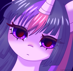 Size: 3359x3289 | Tagged: safe, artist:catt, derpibooru import, twilight sparkle, pony, blank expression, blank stare, bust, eye clipping through hair, female, fringe, frown, mare, no catchlights, solo, straight mane, three toned mane