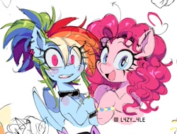 Size: 624x472 | Tagged: safe, artist:l4zy_4le, derpibooru import, pinkie pie, rainbow dash, earth pony, pegasus, pony, g4, ahoge, alternate hairstyle, choker, duo, duo female, ear piercing, earring, eye clipping through hair, female, jewelry, looking at you, mare, open mouth, open smile, piercing, shrunken pupils, simple background, smiling, smiling at you, varying degrees of want, white background