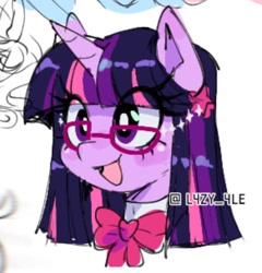 Size: 1080x1126 | Tagged: safe, artist:l4zy_4le, derpibooru import, twilight sparkle, pony, unicorn, g4, bowtie, bust, cute, eye clipping through hair, female, horn, mare, open mouth, open smile, signature, simple background, smiling, solo, twiabetes, white background