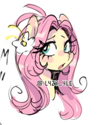 Size: 1080x1383 | Tagged: safe, artist:l4zy_4le, derpibooru import, fluttershy, pegasus, pony, g4, bust, eye clipping through hair, female, flower, flower in hair, looking back, mare, open mouth, simple background, solo, white background