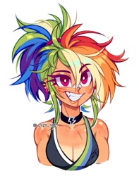 Size: 919x1164 | Tagged: safe, artist:l4zy_4le, derpibooru import, rainbow dash, human, g4, bandaid, bandaid on nose, blood, breasts, bust, choker, cleavage, clothes, eyebrows, eyebrows visible through hair, grin, humanized, light skin, nosebleed, rainboob dash, signature, simple background, smiling, solo, tan lines, white background