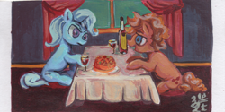 Size: 1868x934 | Tagged: safe, artist:boxwari, derpibooru import, trixie, earth pony, pony, unicorn, acrylic painting, bottle, curtains, date, duo, duo female, female, glass, horn, looking at each other, looking at someone, mare, sitting, traditional art, window, wine bottle, wine glass