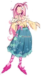 Size: 637x1197 | Tagged: safe, artist:l4zy_4le, derpibooru import, fluttershy, human, g4, blush sticker, blushing, breasts, cleavage, clothes, dot eyes, female, flower, flower in hair, humanized, light skin, signature, simple background, skirt, solo, white background