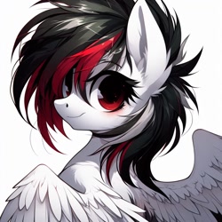 Size: 1024x1024 | Tagged: safe, ai content, derpibooru import, generator:bing image creator, generator:dall-e 3, machine learning generated, oc, oc only, oc:kruv, pegasus, pony, blushing, clothes, ear fluff, ears, looking at you, partially open wings, prompter:kruvvv, simple background, smiling, smiling at you, solo, white background, wings