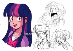 Size: 1475x1019 | Tagged: safe, artist:l4zy_4le, derpibooru import, twilight sparkle, human, g4, annoyed, expressions, female, furrowed brow, humanized, light skin, looking at you, open mouth, open smile, signature, simple background, smiling, smiling at you, solo, unfinished art, wavy mouth, white background