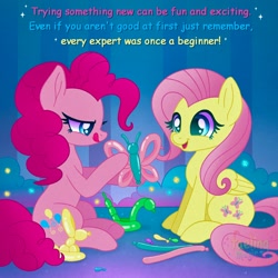 Size: 1500x1500 | Tagged: safe, artist:faelingmagic, derpibooru import, fluttershy, pinkie pie, earth pony, pegasus, pony, balloon, balloon animal, cute, duo, duo female, female, shyabetes, wholesome