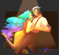 Size: 1700x1600 | Tagged: safe, artist:btanimator, derpibooru import, king sombra, princess celestia, human, clothes, dancing, dress, duo, duo male and female, ethereal hair, ethereal mane, eyes closed, female, high heels, holding hands, humanized, laughing, lipstick, looking at each other, looking at someone, male, necktie, open mouth, pants, raised leg, ship:celestibra, shipping, shirt, shoes, smiling, smiling at each other, sparkles, spotlight, straight, suspenders