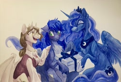 Size: 3575x2421 | Tagged: safe, artist:owlclare, derpibooru import, princess luna, oc, oc:draconis taaldis, oc:star reader, alicorn, pegasus, pony, birthday, blushing, chest fluff, clothes, present, shirt, traditional art, trio, unshorn fetlocks