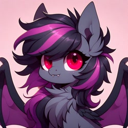 Size: 1024x1024 | Tagged: safe, ai content, derpibooru import, machine learning generated, oc, oc only, oc:raven rose, bat pony, pony, bat pony oc, big ears, chest fluff, cute, cute little fangs, ear fluff, ears, fangs, female, gradient background, looking at you, mare, ocbetes, prompter needed, slit eyes, solo, spread wings, wings