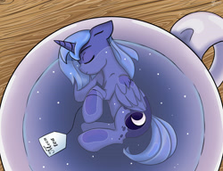 Size: 2808x2160 | Tagged: safe, artist:yumir, derpibooru import, princess luna, alicorn, pony, g4, commission, commissioner:shaddar, cup, cup of pony, cute, eyes closed, food, lunabetes, micro, sleeping, solo, table, tea, teacup, tiny, tiny ponies, young luna