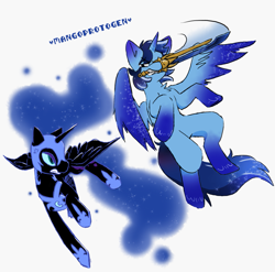 Size: 843x833 | Tagged: safe, artist:canonbluethunder, derpibooru import, nightmare moon, oc, oc:blue thunder, alicorn, duo, duo male and female, female, fight, male, sword, weapon