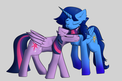 Size: 6000x4000 | Tagged: safe, artist:canonbluethunder, derpibooru import, twilight sparkle, twilight sparkle (alicorn), oc, oc:blue thunder, alicorn, canon x oc, cuddling, duo, duo male and female, female, gray background, love, male, nuzzling, shipping, simple background, straight, thundersparkle