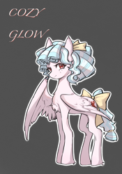 Size: 1668x2388 | Tagged: safe, artist:nayeonsoul, derpibooru import, cozy glow, pegasus, pony, female, filly, foal, gray background, outline, simple background, smiling, solo, text, white outline