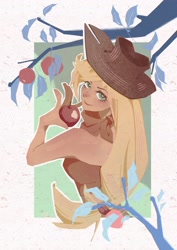 Size: 2480x3508 | Tagged: safe, artist:jinyikou, derpibooru import, applejack, human, apple, apple tree, food, humanized, looking at you, looking back, looking back at you, passepartout, solo, tree