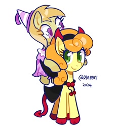 Size: 1389x1478 | Tagged: safe, artist:rlabbiy, derpibooru import, carrot top, golden harvest, noi, earth pony, pony, cape, clothes, costume, devil costume, duo, duo female, female, filly, foal, mare, nightmare night costume, princess outfit, riding, simple background, smiling, text, white background