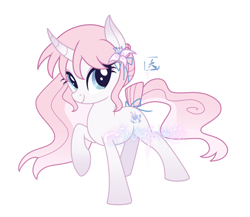 Size: 750x651 | Tagged: safe, artist:annexianyu, derpibooru import, oc, oc only, pony, unicorn, blue eyes, bow, curved horn, eyelashes, eyeshadow, female, female oc, flower, flower in hair, flowing mane, flowing tail, fringe, gradient ears, gradient horn, gradient legs, gradient mane, gradient tail, hair accessory, hair bow, horn, long mane, long tail, looking back, makeup, mane accessory, mare, mare oc, pink eyeshadow, pink mane, pink tail, raised hoof, raised leg, show accurate, signature, simple background, smiling, solo, standing, standing on three hooves, tail, tail accessory, tail bow, tied tail, two toned mane, two toned tail, unicorn horn, unicorn oc, wall of tags, watermark, wavy mane, wavy tail, white background, white coat