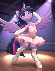 Size: 800x1024 | Tagged: safe, ai content, derpibooru import, generator:pony diffusion v6 xl, generator:stable diffusion, machine learning generated, twilight sparkle, twilight sparkle (alicorn), alicorn, pony, semi-anthro, g4, armpits, ballerina, ballet, ballet slippers, bipedal, clothes, female, indoors, looking at you, mare, prompter:thelight3d, shoes, smiling, smiling at you, socks, solo, spread wings, tutu, twilarina, wings, wooden floor