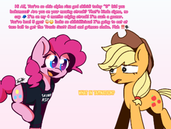 Size: 1600x1200 | Tagged: safe, artist:twital, derpibooru import, applejack, pinkie pie, earth pony, pony, g4, applejack's hat, clothes, cowboy hat, duo, duo female, emoji, female, gen alpha, gradient background, hat, hoodie, mare, meme, open mouth, parody, skibidi toilet, slang, zoomer