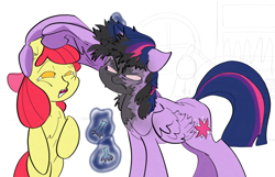 Size: 4610x2971 | Tagged: safe, artist:ponny, derpibooru import, apple bloom, twilight sparkle, twilight sparkle (alicorn), alicorn, earth pony, pony, g4, angry, burnt, duo, duo female, ears back, female, filly, foal, laboratory, magic, mare, ponified animal photo, potion, red eyes, shelf, simple background, singed, telekinesis, twilight sparkle is not amused, unamused, white background, window, wing hands, wings