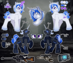 Size: 3500x3000 | Tagged: safe, artist:molars, derpibooru import, oc, oc only, pony, unicorn, fallout equestria, armor, colored, commission, dashite, fallout equestria oc, flat colors, gun, horn, magic, pipbuck, reference sheet, shading, solo, telekinesis, weapon, white fur