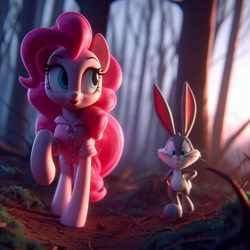 Size: 1024x1024 | Tagged: safe, ai content, derpibooru import, generator:bing image creator, generator:dall-e 3, machine learning generated, pinkie pie, rabbit, g4, animal, bugs bunny, crossover, female, looney tunes, male, prompter:pinkiepiepics