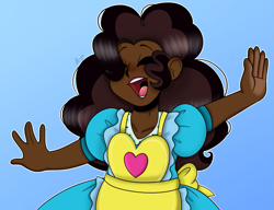 Size: 1401x1074 | Tagged: safe, artist:basil, artist:dj axel, derpibooru import, pinkie pie, human, g4, apron, blue background, blue dress, blush lines, blushing, brown hair, clothes, commissioner:prixy05, curly hair, dark skin, dress, eyes closed, female, frilly, frilly dress, gradient background, halfbody, human coloration, humanized, lipstick, long hair, natural hair color, open mouth, open smile, raised arms, red lipstick, shiny hair, simple background, smiling, solo, two toned hair