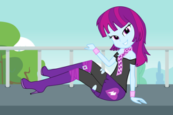 Size: 6250x4167 | Tagged: safe, artist:moogood, derpibooru import, mystery mint, human, equestria girls, g4, absurd resolution, background human, bare shoulders, blouse, boots, bracelet, breasts, cleavage, clothes, complex background, crossed legs, cute, cutie mark, cutie mark on clothes, female, heart, high heel boots, high heels, jewelry, leggings, looking at you, mysterybetes, off shoulder, outdoors, pantyhose, platform boots, platform heels, platform shoes, png, raised leg, ripped pantyhose, scarf, shoes, sitting, skirt, smiling, smiling at you, solo, torn clothes, vector, wristband