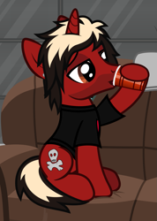 Size: 931x1311 | Tagged: safe, artist:lightningbolt, derpibooru exclusive, derpibooru import, pony, unicorn, .svg available, alcohol, all time low, clothes, cup, drink, drinking, dyed mane, dyed tail, ear piercing, facial hair, hoof hold, horn, jack barakat, lidded eyes, male, messy room, piercing, ponified, shirt, show accurate, sitting, sofa, solo, species swap, stallion, svg, t-shirt, tail, vector