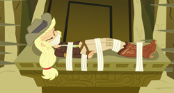 Size: 2923x1570 | Tagged: safe, alternate version, artist:nie-martw-sie-o-mnie, derpibooru import, part of a set, applejack, human, equestria girls, g4, read it and weep, alternate character, applesub, bondage, boots, clothes, cowboy boots, cowboy hat, explorer outfit, eyes closed, female, femsub, gag, hat, jacket, peril, shoes, solo, submissive, tape, tape bondage, tape gag