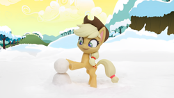 Size: 1920x1080 | Tagged: safe, derpibooru import, screencap, applejack, earth pony, pony, g4, g4.5, my little pony: stop motion short, snowball fight (short), cute, smiling, snow, solo