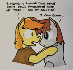 Size: 1757x1702 | Tagged: safe, artist:hoofclid, derpibooru import, braeburn, oc, oc:hoofclid, earth pony, pony, unicorn, g4, canon x oc, dialogue, duo, duo male, gay, horn, male, marker drawing, shipping, traditional art