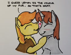 Size: 2007x1564 | Tagged: safe, artist:hoofclid, derpibooru import, braeburn, oc, oc:hoofclid, earth pony, pony, unicorn, g4, canon x oc, duo, duo male, eyes closed, gay, heart, horn, kissing, male, nose kiss, shipping