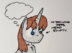 Size: 2048x1507 | Tagged: safe, artist:hoofclid, derpibooru import, oc, oc only, oc:hoofclid, pony, unicorn, bust, head empty, horn, male, marker drawing, solo, stallion, thought bubble, traditional art