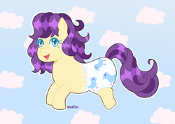 Size: 4093x2894 | Tagged: safe, artist:kurisumuffins, derpibooru import, pony, g1, alternate design, alternate universe, baby splashes, cloud, cute, smiling