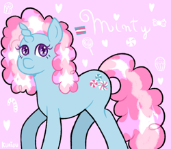 Size: 1280x1115 | Tagged: safe, artist:kurisumuffins, derpibooru import, minty, pony, unicorn, g3, alternate design, alternate universe, brigadeiro, candies, female, heart, horn, pink background, pride, pride flag, shiny, simple background, smiling, trans female, transgender, transgender pride flag