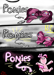 Size: 1800x2500 | Tagged: safe, artist:gabbygums21, derpibooru import, pinkie pie, earth pony, pony, g4, 3 panel comic, arms wide open, belly, belly button, brooding, cheerful, comic, crown, depressed, ears, emanata, exclamation point, female, floppy ears, grin, happy, high res, interrobang, jewelry, looking at something, looking down, lying down, mare, neon, neon sign, nose in the air, pinkamena diane pie, plug, plugged, power cord, prone, question mark, regalia, sad, smiling, socket, solo, underhoof