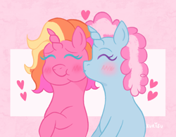 Size: 956x747 | Tagged: safe, artist:kurisumuffins, derpibooru import, minty, rarity (g3), pony, unicorn, g3, ^^, alternate design, alternate universe, chubby cheeks, couple, cute, eyes closed, female, heart, horn, kiss on the cheek, kissing, lesbian, love, pink background, shipping, simple background, smiling