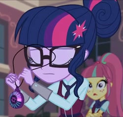 Size: 1276x1217 | Tagged: safe, derpibooru import, screencap, sci-twi, sour sweet, twilight sparkle, human, equestria girls, friendship games, g4, angry, annoyed, canterlot high, clothes, cropped, crystal prep academy uniform, duo, duo female, eyes closed, female, magic capture device, necktie, school, school tie, school uniform, schoolgirl, singing, uniform, unleash the magic