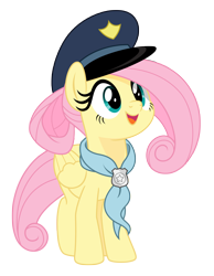 Size: 5083x6559 | Tagged: safe, alternate version, artist:estories, derpibooru import, fluttershy, pegasus, pony, g4, absurd resolution, alternate hairstyle, ascot, cute, female, hat, mare, open mouth, open smile, police badge, police hat, shyabetes, simple background, smiling, solo, transparent background, vector