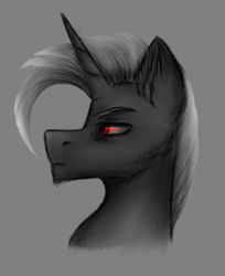 Size: 2268x2773 | Tagged: safe, artist:darklight1315, derpibooru import, oc, oc only, oc:decline, oc:reaper, pony, unicorn, fallout equestria, fallout equestria: mayday, gray background, horn, red eyes, simple background, solo