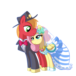 Size: 3000x3000 | Tagged: safe, anonymous artist, artist:madmax, derpibooru import, big macintosh, fluttershy, earth pony, pegasus, pony, g4, alternate hairstyle, bowtie, clothes, dress, duo, duo male and female, element of kindness, eyeshadow, female, fluttermac, hat, headband, high res, lidded eyes, looking at each other, looking at someone, makeup, male, mare, marriage, nuzzling, outdoors, shipping, simple background, smiling, smiling at each other, stallion, straight, transparent background, tuxedo, vector, veil, wedding, wedding dress, wedding veil