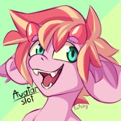 Size: 1936x1936 | Tagged: safe, artist:twi_sfw, derpibooru import, oc, oc only, bat pony, pegasus, advertisement, avatar, bat pony oc, beanbrows, big ears, bust, colored ear fluff, colored ear tufts, colored eyebrows, colored sclera, commission, commission info, commission open, ear fluff, ear tufts, ears, eyebrows, eyebrows visible through hair, fangs, floppy ears, horn, horns, looking back, oc name needed, open mouth, open smile, orange mane, pegasus oc, pink coat, portrait, profile picture, short mane, signature, small wings, smiling, solo, teal eyes, text, two toned background, two toned mane, wings, yellow sclera