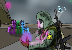 Size: 1200x847 | Tagged: safe, artist:aegishailstorm, derpibooru import, oc, oc:nikolai, alicorn, human, fallout equestria, fanfic:fallout equestria: s.t.a.l.k.e.r, ak-101, armor, artificial alicorn, canterlot, enclave, enclave armor, fanfic art, gas mask, gun, ionizing radiation warning symbol, magic, mask, pink cloud (fo:e), rifle, stalker, wasteland, weapon