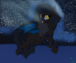 Size: 2400x2000 | Tagged: safe, artist:aegishailstorm, derpibooru import, oc, oc:enigma, bat pony, hybrid, zony, abstract background, black coat, blank flank, blue mane, ear fluff, ears, female, female oc, flying, golden eyes, gray mane, gray tail, leg markings, leg stripes, long mane, long tail, mare, mare oc, multciolorerd wings, night, raised hooves, signature, spread wings, stripes, tail, three toned wings, two toned mane, two toned tail, wings, zebra hybrid, zony oc