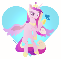 Size: 1400x1350 | Tagged: safe, artist:sion, derpibooru import, princess cadance, alicorn, pony, g4, belly, cute, cutedance, female, flying, heart, heart background, heart eyes, mare, open mouth, open smile, simple background, smiling, solo, spread wings, waving, waving at you, white background, wingding eyes, wings