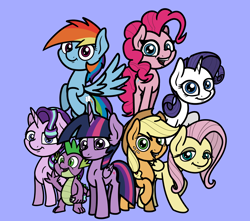 Size: 2048x1813 | Tagged: safe, artist:ewoudcponies, derpibooru import, applejack, fluttershy, pinkie pie, rainbow dash, rarity, spike, starlight glimmer, twilight sparkle, twilight sparkle (alicorn), alicorn, dragon, earth pony, pegasus, pony, unicorn, g4, female, flying, horn, lidded eyes, looking at you, male, mane seven, mane six, mare, open mouth, open smile, purple background, simple background, smiling, smiling at you, spread wings, waving, wingless spike, wings