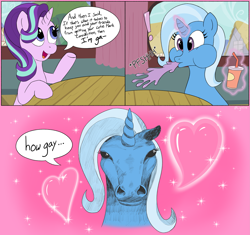 Size: 3279x3077 | Tagged: safe, artist:ligmire, derpibooru import, starlight glimmer, trixie, pony, unicorn, g4, comic, detailed background, dialogue, drink, duo, duo female, female, heart, hoers, horn, lesbian, magic, magic aura, man i'm so hungry / how hungry, mare, meme, ponified, ponified meme, shipping, speech bubble, spit take, startrix, telekinesis